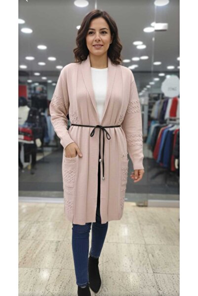 güncüoğlu Long Sleeve Embroidered Front with Belt Length 90cm Knitwear Cardigan