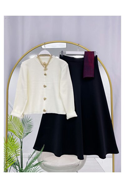 YEDİLALE Heart Buttoned Knitwear Cardigan Flawed Skirt Double Set [Cardigan Std Size, Skirt Size Included]
