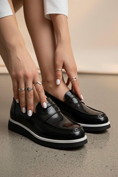 marinarosse Women's Valentina Black Patent Leather Casual Buckle Detailed Loafer Shoes