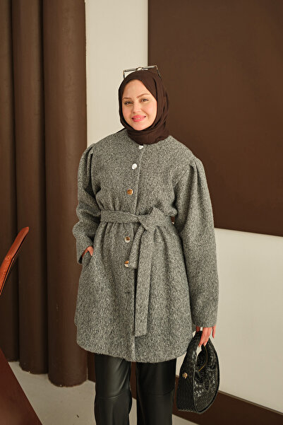 LOCCO Γυναικείο παλτό με ελαστική μέση από βελούδινο καστανό γκρι