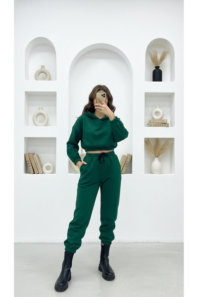 Fifty Color Crop Hooded Three Thread Thick Fleece Tracksuit Set