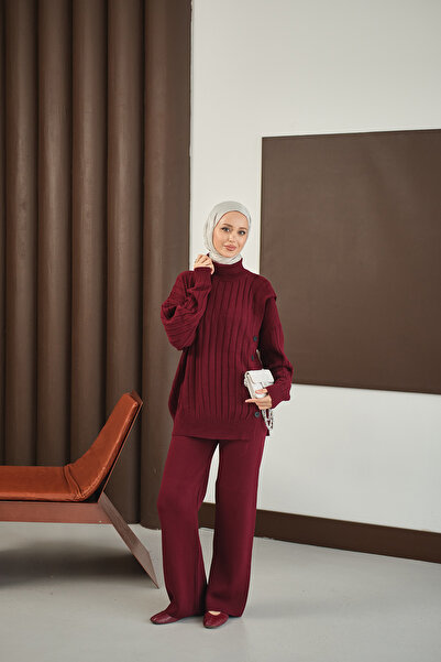 LOCCO Γυναικείο Σετ Πλεκτό με Κουμπιά Βουργουνδίας