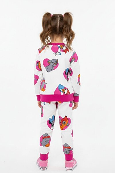 NEWKİDS Colorful Figure Printed 3 Thread Ş Fleece-Lined Thick Winter Girl's Suit