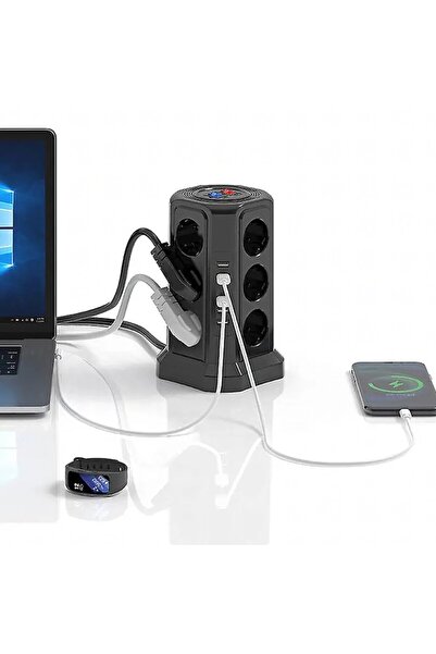 Optim Solution Vertical Power Strip with Surge Protection, 12 Outlets, 5 USB, 20x12x12 cm, Flame-retardant ABS+PC,