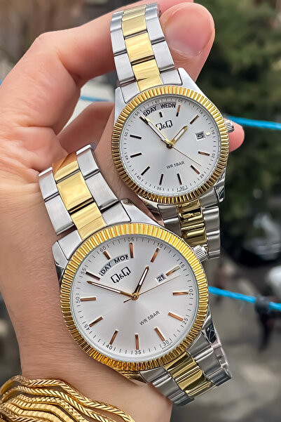 Q&Q QQ SEVGİLİ ÇİFT SAATİ TAKIM ERKEK KADIN KOMBİN ÇELİK SAAT ALTIN RENK