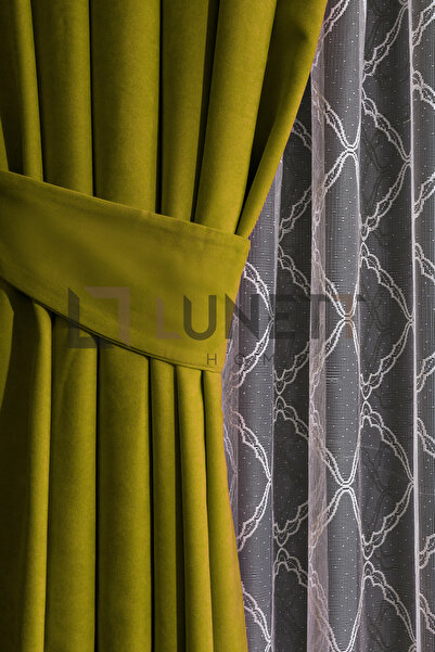 LUNETT HOME Oil Green Color Island Velvet Rare (1X2) Pleated Background Curtain Single Wing V9196