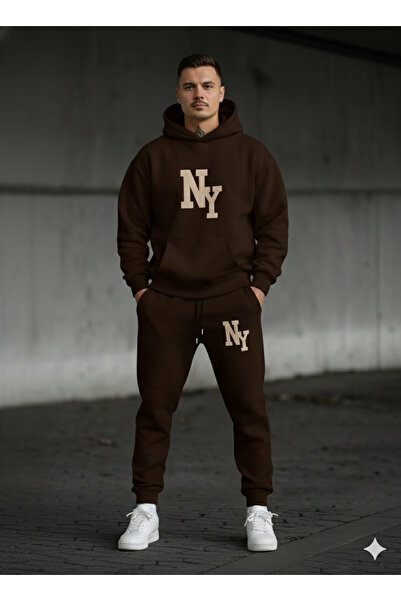 NİCE Three Thread Compact Hooded Inside Cotton Ny Newyork B Printed Premium O Oversized Tracksuit Set