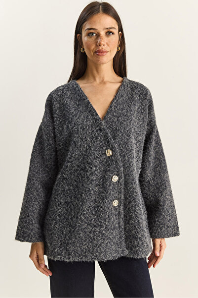 Bianco Lucci Women's V-Neck Stylish Asymmetrical Buttoned Wrinkled Cashmere Cardigan 55000 60283567