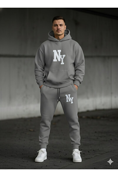 NİCE Three Thread Compact Hooded Inside Cotton Ny Newyork B Printed Premium O Oversized Tracksuit Set