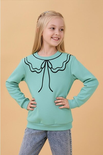 Perendi Χειμερινό φούτερ για κορίτσια με λαιμόκοψη με τύπωμα επένδυση fleece - Çağla