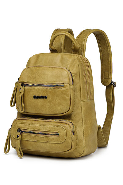 Hüvendo حقيبة ظهر نسائية يومية صغيرة الحجم متعددة الجيوب من برشلونة - جلد بولي يوريثان عالي الجودة باللون الأخضر الفستقي