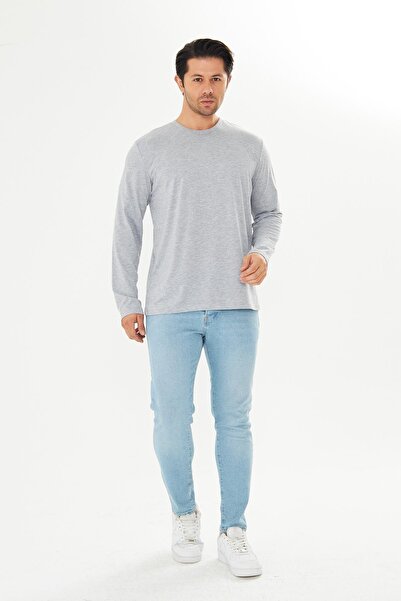 TRENDHİLL Ανδρικό μπλουζάκι με μακρύ μανίκι από βαμβακερό λαιμόκοψη μεγάλου μεγέθους γκρι μελανζέ 5020B-G