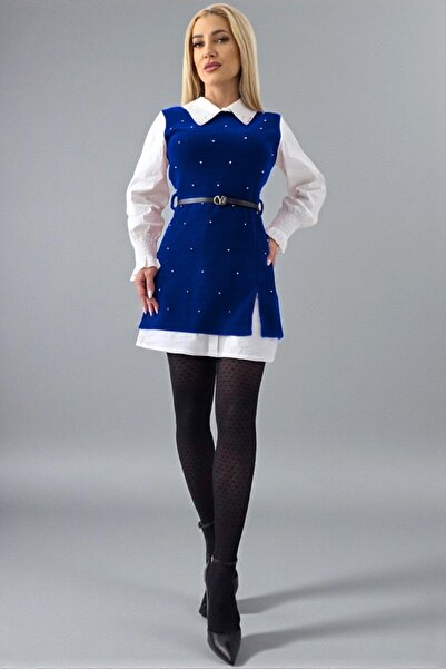 FashionForYou Rochie tip cămașă Iuliana, cu rochie de vară aplicată și perle aplicate, Albastră, Mărime S/M