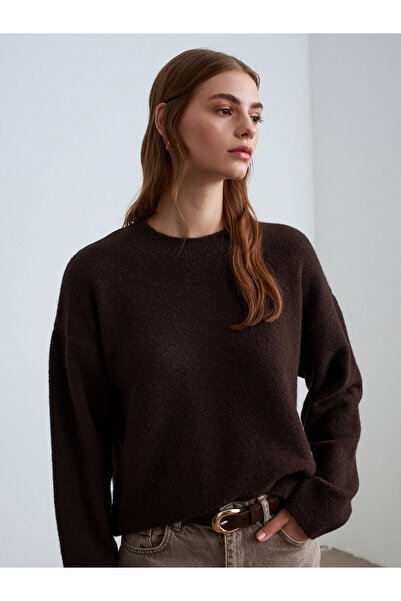 Dilvin 10640 Crew Neck Soft Textured Knit Sweater-Acid Brown