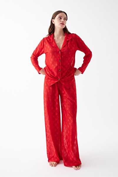 Akbeniz Women's Red Sheer Jacquard Buttoned Pajama Set