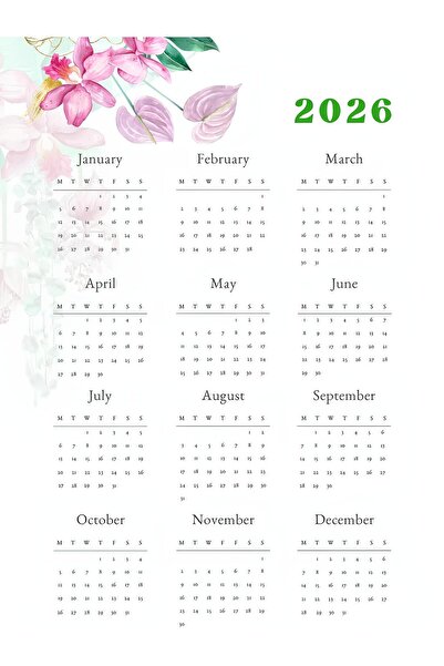 Rana İkra Art 2026 Pembe Çiçek Desenli Takvim (32.9×50 Cm)(İNGİLİZCE)