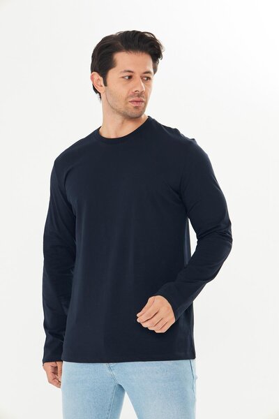 TRENDHİLL Чоловіча бавовняна футболка з довгими рукавами та круглим вирізом, темно-синя 5020B-L
