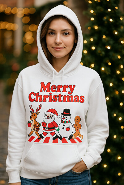 ocke Merry Christmas New Year Themed Printed White Hooded Women Hoodie