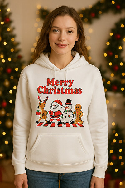 ocke Merry Christmas New Year Themed Printed White Hooded Women Hoodie