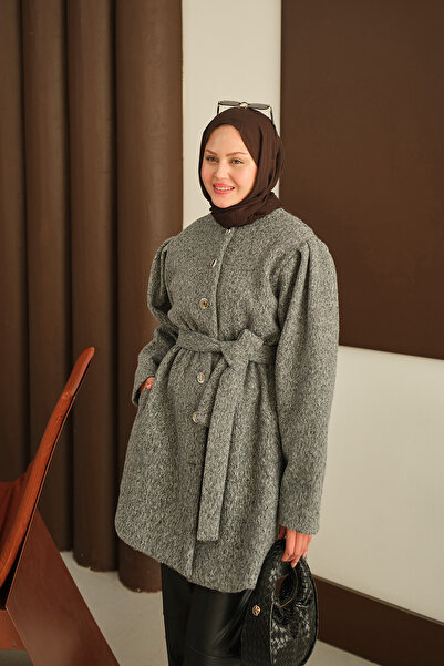 LOCCO Γυναικείο παλτό με ελαστική μέση από βελούδινο καστανό γκρι