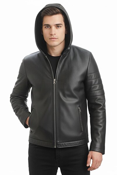 Deriderim Black Men's Hooded Fur Zippered Warm Genuine Leather Coat