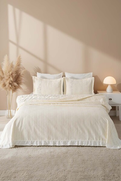 Rivaİstanbul Esila Ecru Frilly Double Duvet Cover Pique Set - 7 Piece Dowry Set