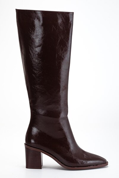 Dilimler Ayakkabı Γυναικείες μπότες με τακούνι καφέ λουστρίνι με φερμουάρ και χοντρή μύτη