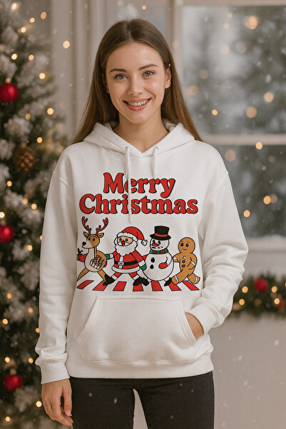 ocke Merry Christmas New Year Themed Printed White Hooded Women Hoodie