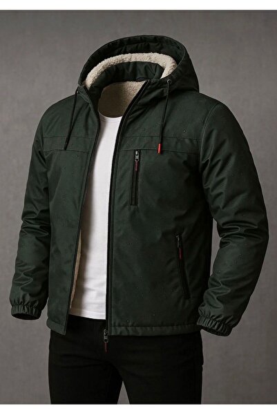 LİNORA معطف رجالي مقاوم للمطر بغطاء رأس من الفرو باللون الكاكي