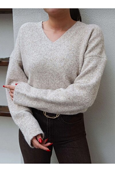 DİMA Pulover de tricotat cu decolteu în V, mărime standard