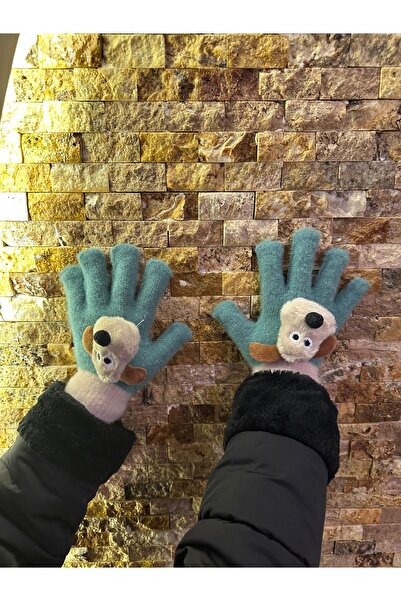 sema aksesuar 2-8 Yaş Çocuk Köpek Figürlü Yeşil Kışlık Eldiven