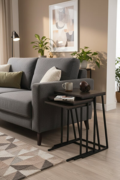 Vina Dekor 3'lü Zigon Sehpa Yan Sehpa Siyah Metal Ayak Ahşap Desen