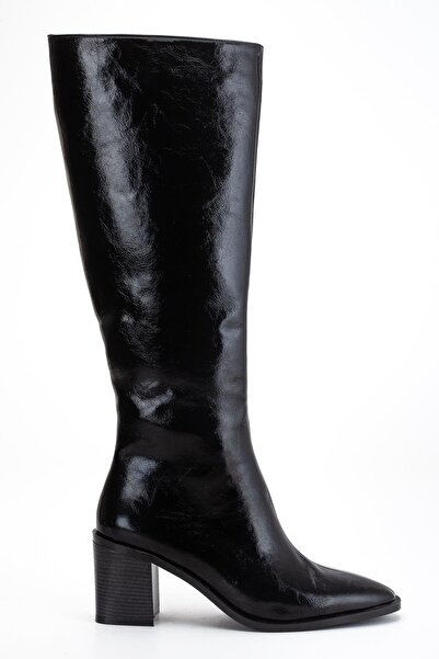 Dilimler Ayakkabı Γυναικείες μπότες με τακούνι Μαύρο λουστρίνι με φερμουάρ και χοντρή μύτη