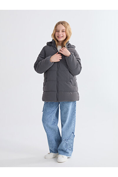 LC Waikiki Kids Anthracite Hooded Girl's Coat