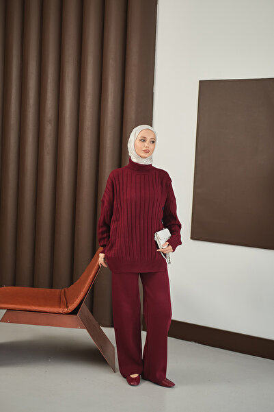 LOCCO Γυναικείο Σετ Πλεκτό με Κουμπιά Βουργουνδίας