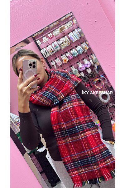 iky aksesuar Women's Plaid Patterned Scarf Shawl 70X180 cm Red