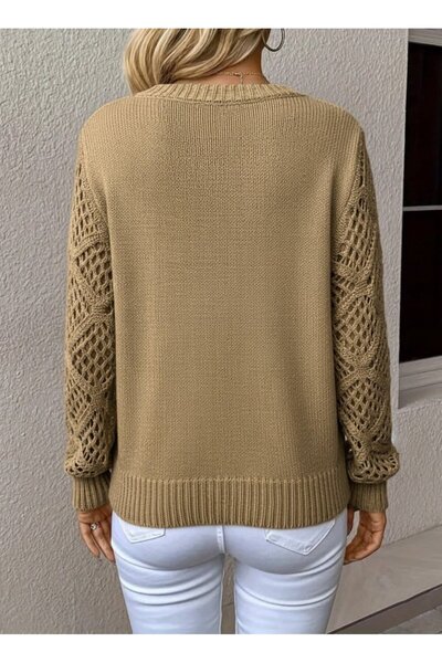 Kokosh moda    Women's Long Sleeve V Neck Sleeve Hollowed Out Diamond Pattern Detailed Knitwear Sweater