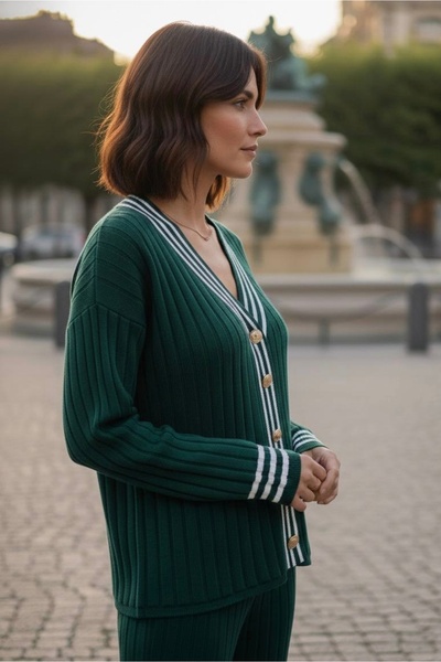 YusGos Women's Striped Knitwear Cardigan Pants College Bottom Top Set