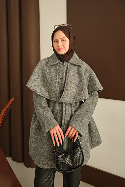 LOCCO Γυναικείο παλτό με βελούδινη κασμίρια με κάπα ώμου γκρι