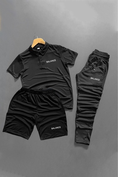 NOFLEN Polo Yaka Balance Printed 3-Piece Shorts and Sweatpants Set