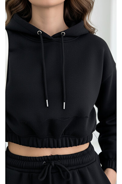 Fifty Color Crop Hooded Three Thread Thick Fleece Tracksuit Set