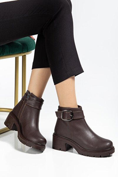 Dilimler Ayakkabı Women's Heeled Boots Brown Faux Leather Side Buckle Thick Sole