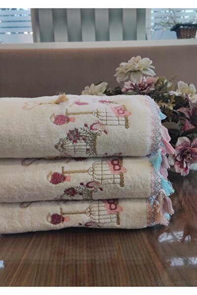A.Z.H. (3Rd Set) 50X90 cm Bird and Flower Embroidered Tasseled Velvet Texture Luxury Towel Set