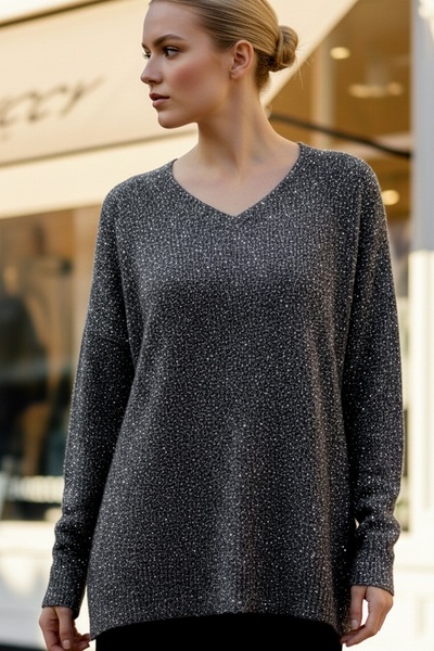 Chiccy Black V-Neck Long Sleeve Slit Silvery Casual Long Back Oversized Knitwear Sweater 70 75