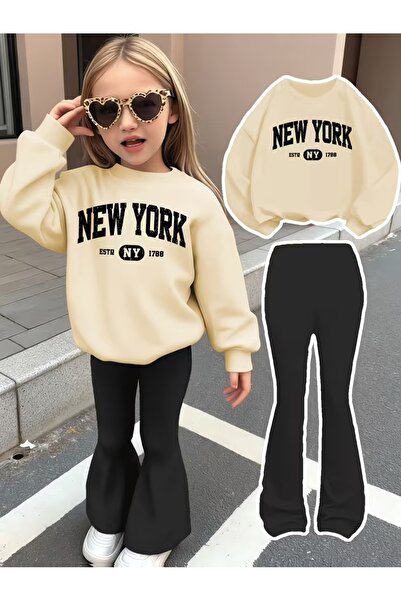 buendiakids Girl's Black New York Printed Crew Neck - Flared Tracksuit Set