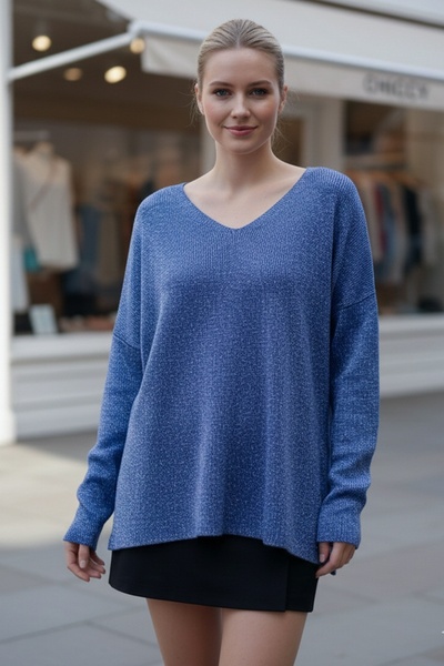 Chiccy Cobalt Blue V-Neck Long Sleeve Slit Silvery Casual Long Back Oversized Knitwear Sweater 70 75