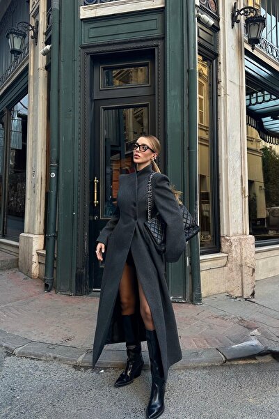 Laluvia Anthrazitfarbener Premium-Mantel mit langer Taille – 2825