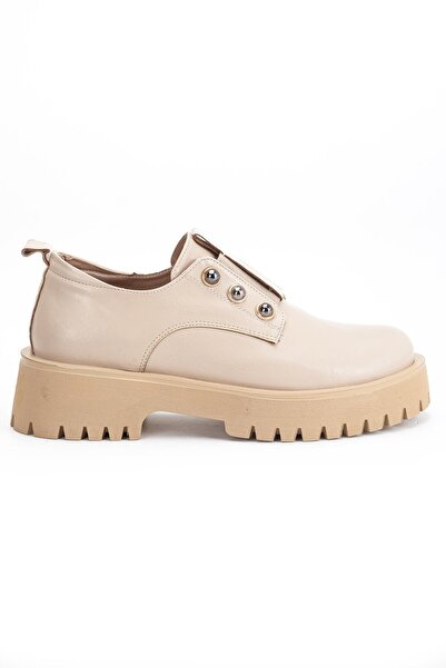 Dilimler Ayakkabı Women's Casual Daily Shoes Beige Wrinkled Patent Leather Thick Sole Without Laces