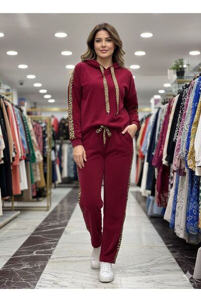 AGORATEKSTİL Women's Original Italian K Hooded Chenille Velvet Leopard Detailed Top and Bottom Set