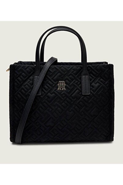 Tommy Hilfiger Women Patterned Embossed Logo Short Handle Square Size Zipper Closure Black Shoulder Bag Aw0Aw18162-Bds